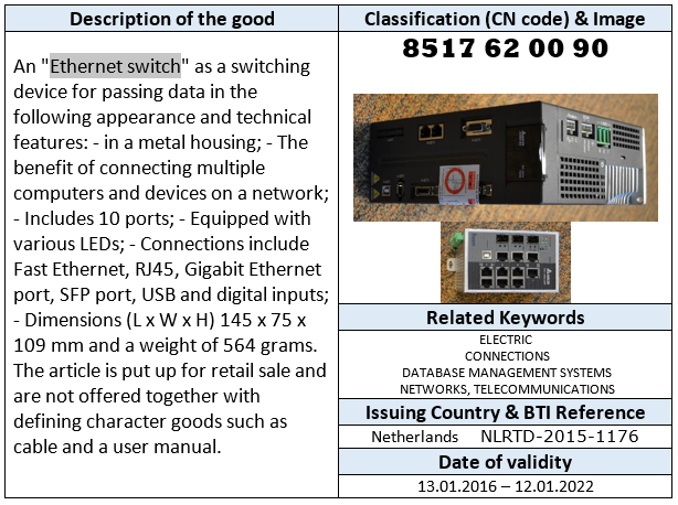 Ethernet switch Binding Tariff Information