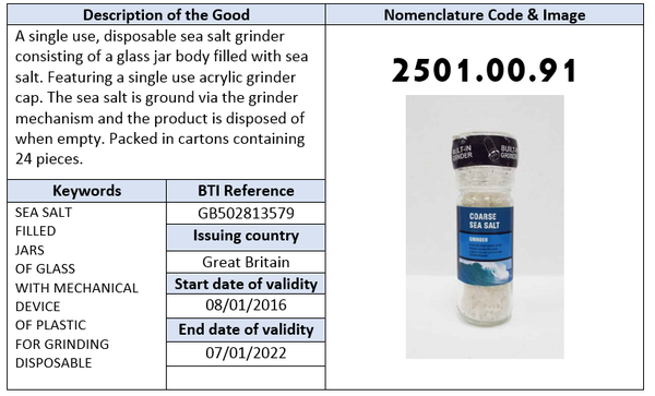 single use, disposable sea salt grinder BTI or HS Code